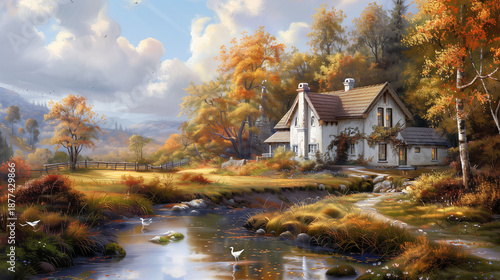 White cottage scenery by the pastoral stream