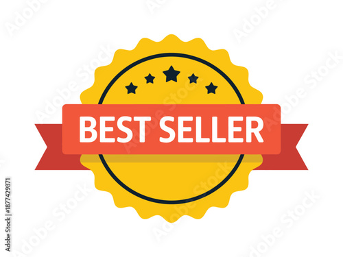 Best seller badge vector illustration, gold medal award icon with red ribbon, stars, and quality seal, perfect for top product promotion and customer choice.
