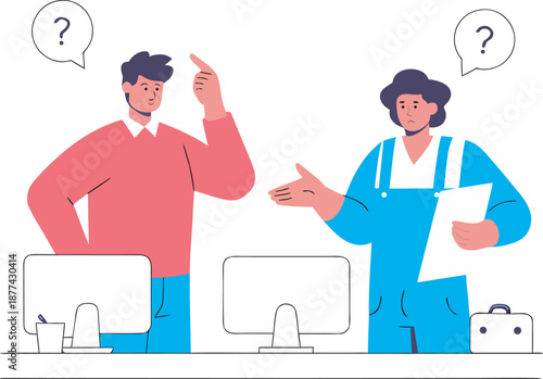 Workplace Communication Problem Concept with Confused Employees Discussing Issues Flat Vector Illustration