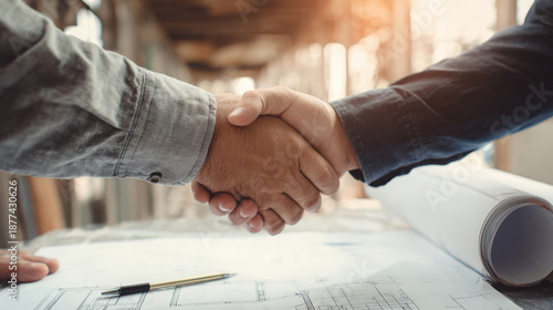 Businessmen shaking hands over architectural blueprints symbolizes agreement and partnership in construction project with pen on table in sunlight.