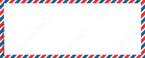 Airmail envelope frame with blue and red stripes on white background. International vintage letter border. Retro air mail postcard. Blank envelope.