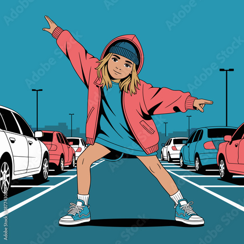 Teenage girl dancing confidently in parking lot with cars