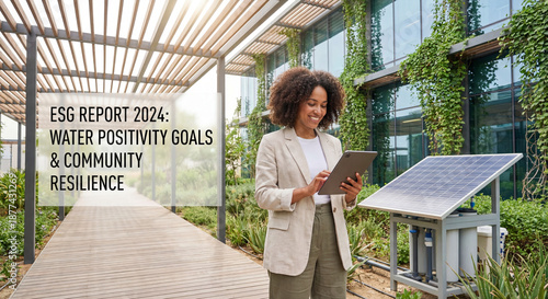 Woman Using Tablet in Eco-Friendly Environment with Solar Panels