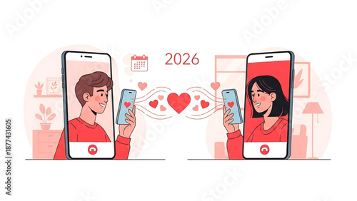 Couple connecting on dating apps in 2026, exchanging virtual hearts through mobile screens