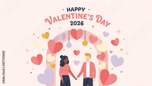 Happy Valentine's Day 2026 A Romantic Illustration of a Couple Under a Heart Archway