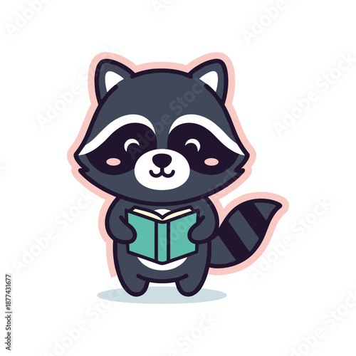 Adorable Cartoon Raccoon Reading a Book Illustration