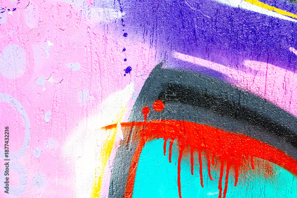 Fototapeta premium Abstract graffiti street art in bright pink, purple, red, blue. Neon urban style, fluorescent glow, vibrant colors, paint drips. Posters, flyers, digital art, urban visuals, creative banner