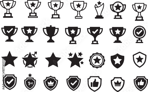 Complete medal and trophy vector icon set, gold cup shapes, award ribbons, ranking medals, best choice badges, star awards, simple flat black icons, consistent line weight