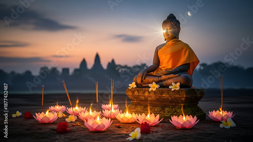 Serene meditating buddha statue with glowing candles and incense smoke at dusk