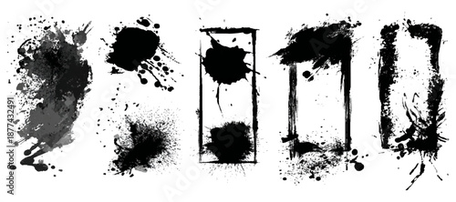 Hand painted black ink grunge brushstroke set background. creative grunge brush strokes splatter stains texture and overlay vector collection.