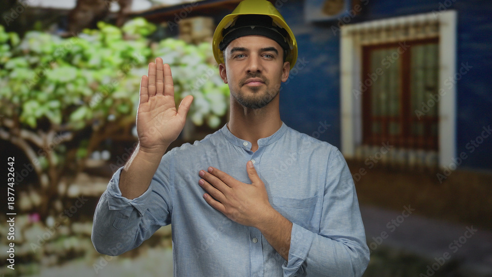 Naklejka premium Young man in hardhat making oath gesture outdoors in green park setting with trees in background.