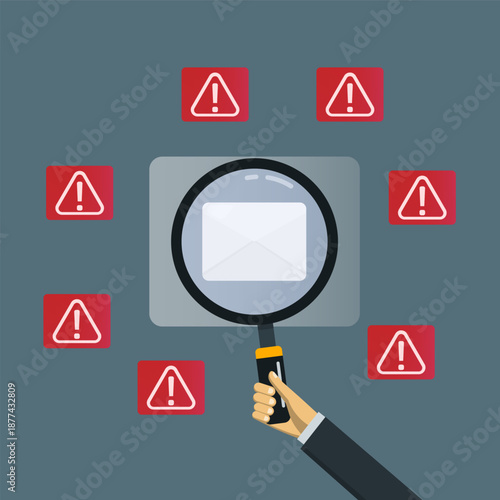 Hand holding magnifying glass to detecting malicious emails with warning alert signs. Concept of suspicious messages under investigation, highlighting phishing threats, and scam alerts.
