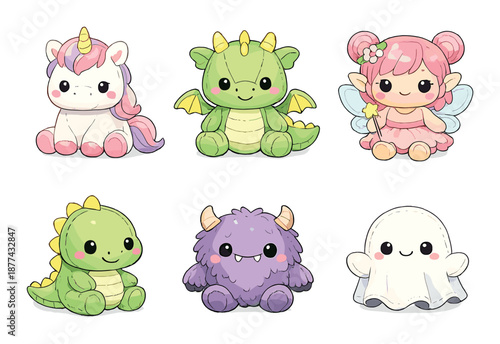 Cute fantasy creatures: unicorn, dragon, fairy, monster, ghost characters