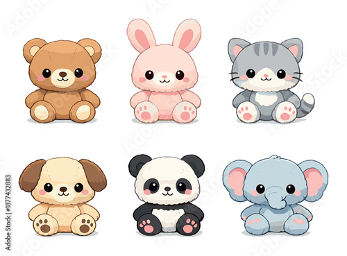 Cute plush toy animals collection with bear, rabbit, cat, dog, panda, and elephant
