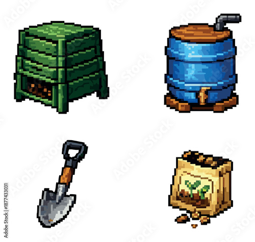 Pixel art gardening tools and equipment: compost bin, water barrel, shovel, seed bag