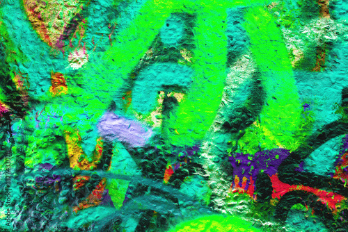 Abstract graffiti pattern in neon green, aqua, purple with textured wall surface. Vibrant Y2K, 2000s style, fluorescent glow, urban street art. Background, texture, pattern, banner, web.