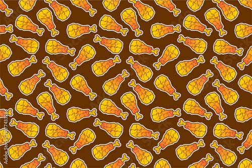 Fried chicken seamless pattern background. Fried chicken thigh pattern. Cartoon fried chicken pattern background. Fast food pattern background.