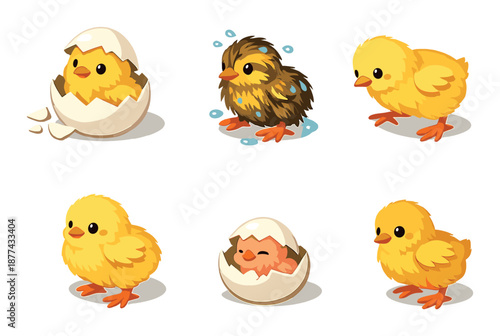 Cute cartoon baby chicks emerging from eggs in various poses
