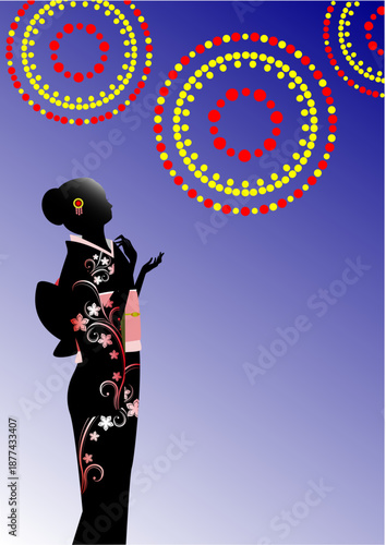 女性、着物、花火