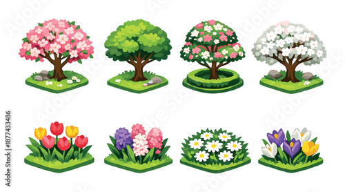 Colorful spring trees and vibrant flower beds with blossoms and foliage