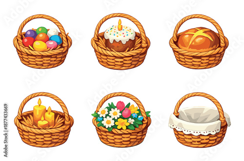 Colorful easter baskets with eggs, cake, bread, candle, flowers, and empty basket