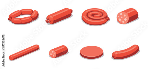Variety of bright red sausage icons in different shapes on gradient background