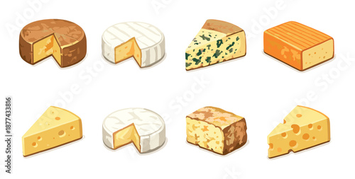 Variety of eight cheeses: brie, blue, swiss, gouda, camembert, cheddar, and more