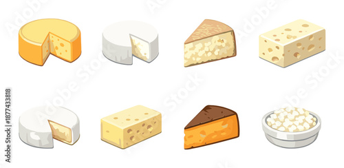 Assorted cheese varieties: soft and hard cheeses with unique textures and colors