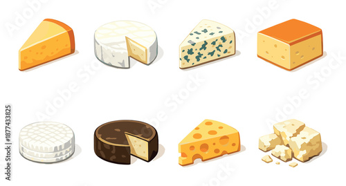 Variety of cheeses: brie, blue, cheddar, swiss, camembert, gouda, feta
