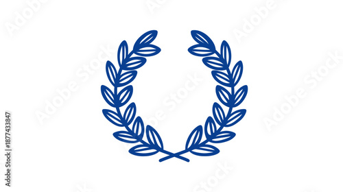 Blue laurel wreath outline on white background, symmetrical, with intersecting stems