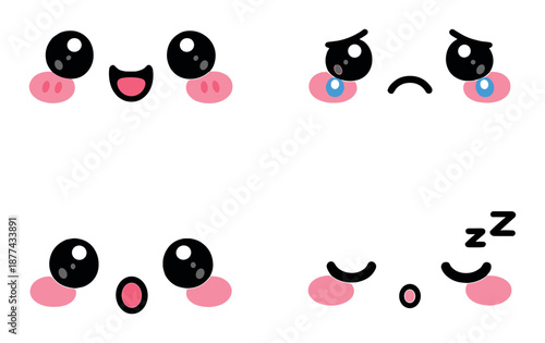 Cute kawaii faces: happy, sad, surprised, sleeping expressions on soft gray background
