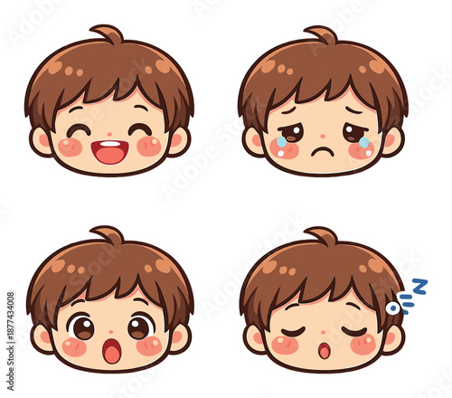 Cartoon expressions of a young male character: happy, sad, surprised, sleeping