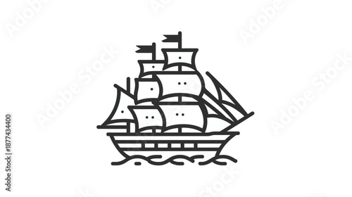 Black-line drawing of a sailing vessel on white. Detailed hull, sails, and flags are shown
