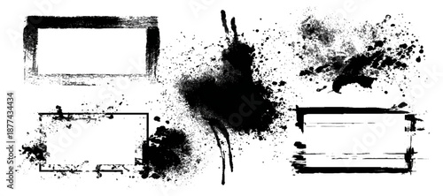Hand painted black ink grunge brushstroke set background. creative grunge brush strokes splatter stains texture and overlay vector collection.