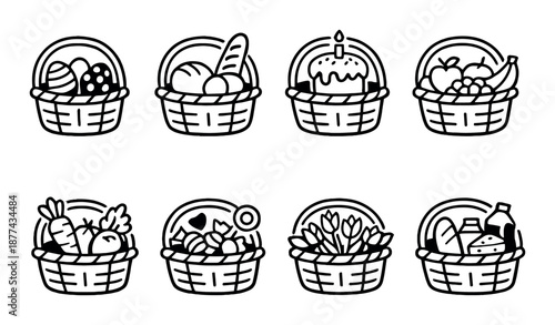Variety of gift baskets containing food, flowers, and essentials