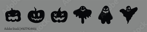 Big collection of ghost icons. Halloween spooky and cute spirit vector set. Black and white cartoon and scary phantom silhouettes for party, poster, sticker, invitation, and decoration design. vector