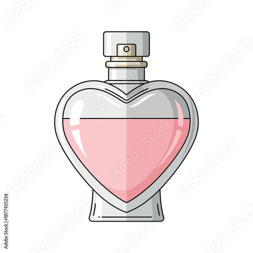 Flat vector illustration of a heart-shaped perfume bottle with pink liquid and a clean modern design, cosmetic icon for beauty and fragrance