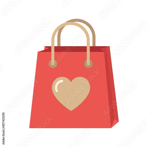 Tablou pe pânză Flat red shopping bag with beige heart emblem and handles, simple vector icon fo