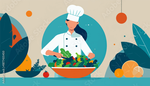 A chef in a white uniform prepares a fresh salad in a vibrant, stylized scene