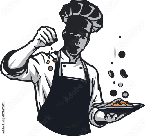 A chef in uniform sprinkles spices over a prepared dish on a plate