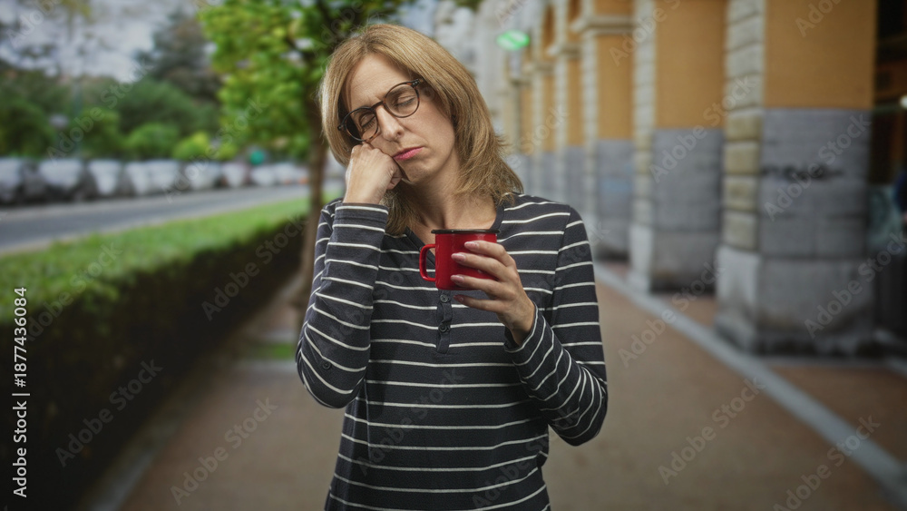 Fototapeta premium Woman holding red mug with hand on cheek, wearing glasses and striped shirt, standing on street sidewalk near building columns; tired solitude.