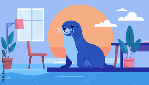 A blue otter sits on a platform by the water, with plants, a chair, and a window in a room