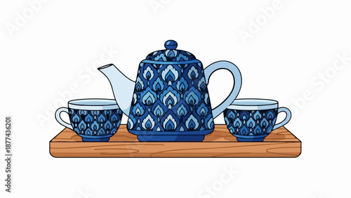 A blue patterned teapot and two cups sit on a wooden tray against a white background