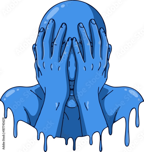 A blue, melting humanoid figure covers its face with its hands, dripping liquid from its lower body