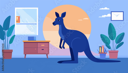 A blue kangaroo stands in a room with plants, a dresser, and a window
