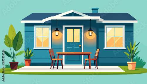 A blue house with a porch, table, chairs, and potted plants on a clear day