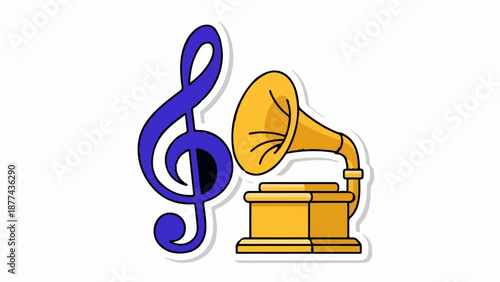 A blue musical treble clef symbol and an antique golden gramophone