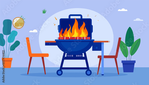 A blue grill with flames, food, and chairs are set up on a patio