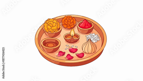 A circular tray holds a lit diya, rose petals, rice, a whole garlic, and three bowls with offerings
