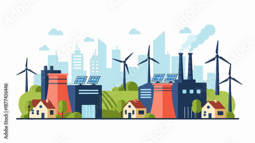 A cityscape shows renewable energy sources like wind turbines and solar panels powering modern buildings